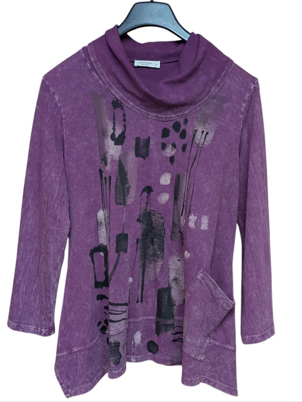 Jess & Jane Purple Cowl Neck Mineral Washed Abstract Graphic Top Size Medium